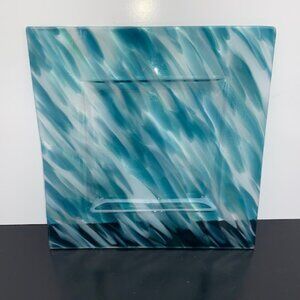 #8955 FUSED GLASS SQUARE 9” PLATE TURQUOISE WHITE